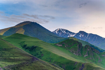 View of beautiful mountains in northern caucasus in the evening or early morning