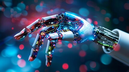 Naklejka premium The future is here. Introducing the new AI-powered robot hand, capable of performing complex tasks with precision and accuracy.