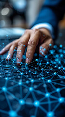 Close up human hand with computer laptop with hologram data background.