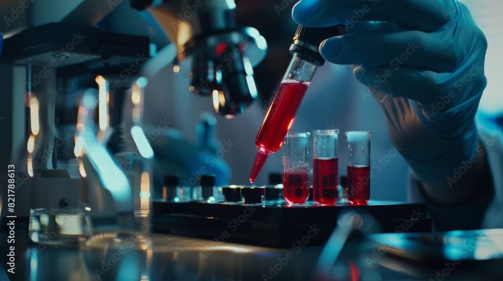 Poster in this close-up macro shot, a scientist is holding a pipette and pouring red liquid into a microsco