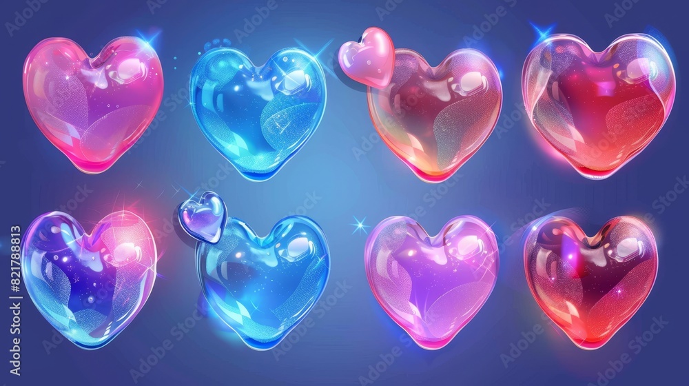 Poster video animation sequence, soap bubbles sprites in the shape of heart bursts. computer user interface