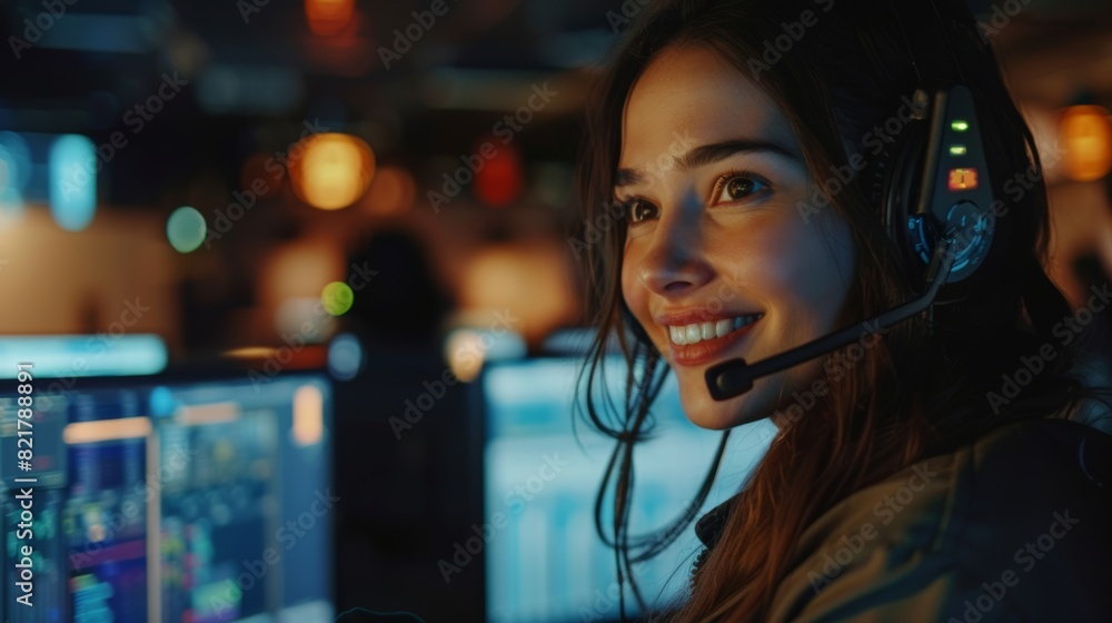 Poster happy beautiful technical customer support specialist talking on a headset while working on a comput