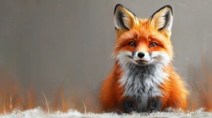   Red Fox on Snowy Grass - A captivating painting of a red fox perched atop a field of lush green grass, bathed in the soft glow of