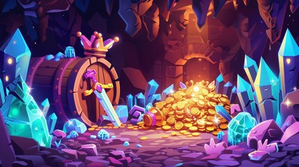Cave with golden coins in a chest and wooden barrel, crystal gems, a crown, and a sword in a pile of gold, ancient fantasy mine or castle, Cartoon modern illustration.
