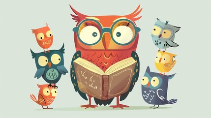 Obraz premium An adorable cartoon owl with glasses reads a book, representing a group of clever student kids. This teacher owl interacts with funny animal students.