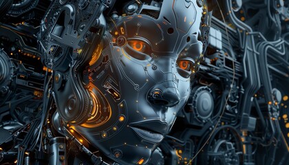 The image is a close-up of a female cyborg's face. She has glowing orange eyes and a metallic, expressionless face. She is made of wires and other mechanical parts.