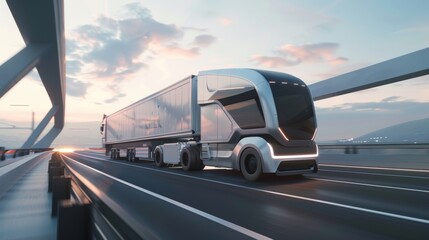 Technology Concept: Automatic Self-Driving Truck with Cargo Trailer Driven by Scanning Sensors. Electric Lorry Driven Fast on Scenic Highway Bridge.