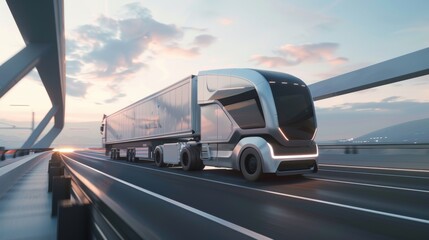 Fototapeta premium Technology Concept: Automatic Self-Driving Truck with Cargo Trailer Driven by Scanning Sensors. Electric Lorry Driven Fast on Scenic Highway Bridge.