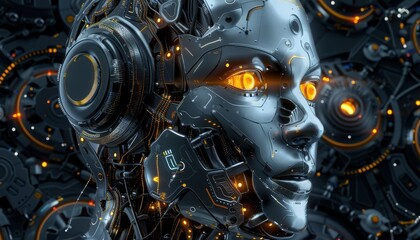 The image is a close-up of a female cyborg's face