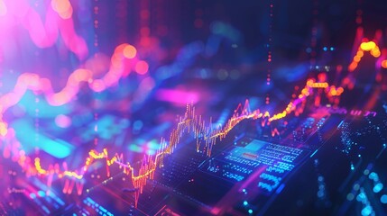 Vibrant stock market data visualization with neon colors, graph and futuristic technology representation. Perfect for financial and tech themes.
