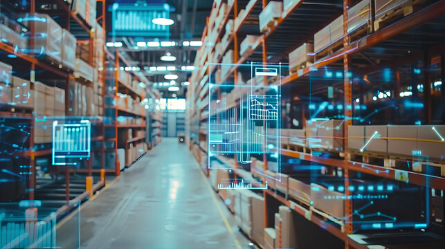 Smart warehouse management system using augmented reality technology to identify package picking and delivery . Future concept of supply chain and logistic business