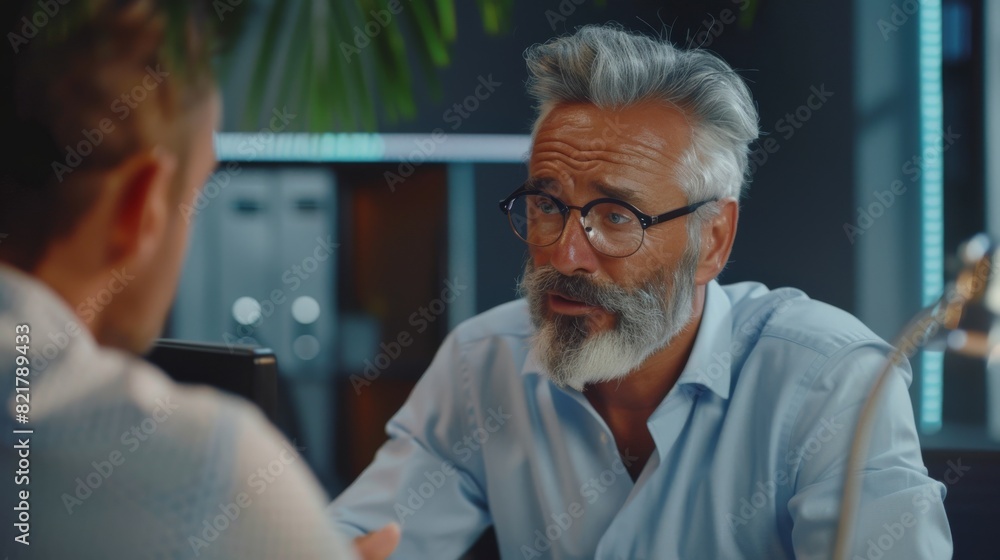 Poster using computer while chatting with an experienced and confident businessman. colleagues discuss comm