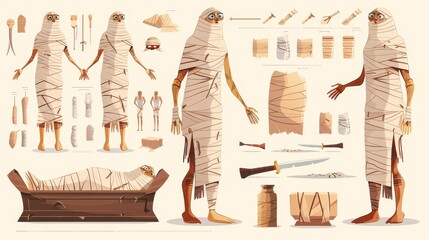 A mummy creation cartoon modern illustration. Stages of mummification, embalming dead bodies and wrapping them in cloth before placing them in Egyptian sarcophagi. Ancient Egypt, cult of the dead.