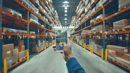 Smart warehouse management system using augmented reality technology to identify package picking and delivery . Future concept of supply chain and logistic business