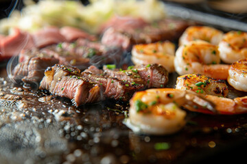 Grilled Steak and Shrimp with Herbs on a Hot Teppanyaki Grill