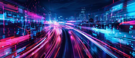 Vibrant cityscape at night with futuristic neon lights and fast-moving traffic, showcasing a dynamic and modern urban environment.