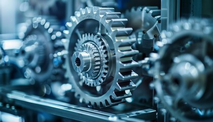 The image shows a close-up of a complex machine with many gears and other metal parts. The machine is blue and silver, and the gears are turning.