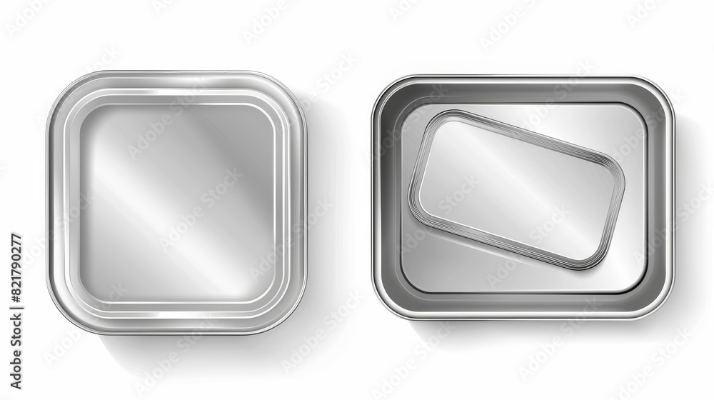 Poster sardine can tin in top view. modern realistic mockup of rectangular metal containers for fish and tu