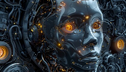The image shows a close-up of a female cyborg with glowing eyes. She has a metallic face and wires exposed around her eyes. She is looking at the viewer with a neutral expression.