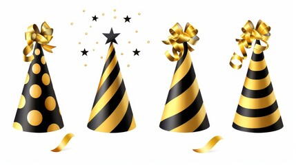 For celebrations of birthdays, party hats with gold and black stripes, dots, and stars are presented in this modern realistic set of funny cone head caps with golden ribbons.