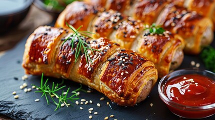 Baked sausage in pastry with sesame seeds and sauce.
