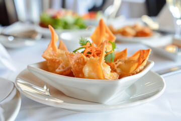 Crispy Fried Wontons with Carrot and Cilantro Garnish in a White Bowl