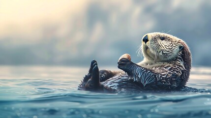 sea otter on back holding  , ea otter floating holding