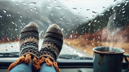 Woman legs in warm socks with coffee cup on car dashboard on the way. Fall trip. Rain drops on windshield. Freedom travel concept. Autumn weekend in mountains. - Powered by Adobe