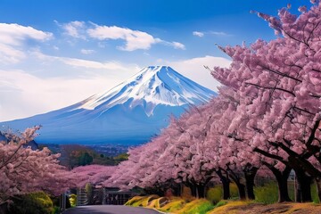Fototapeta premium a Panorama view of Mountain fuji in Japan during cherry blossom spring season