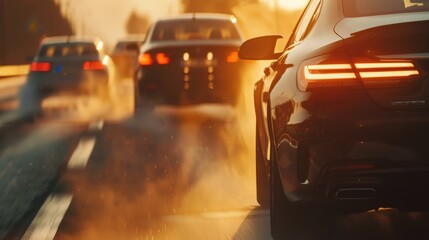 Fototapeta premium The police chases a criminal on the highway in a vehicle, sirens blazing, dust flying. Stylish dawn shot of the action scene.