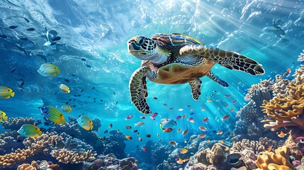 Obraz premium graceful sea turtle gliding underwater , sea turtle gliding in ocean