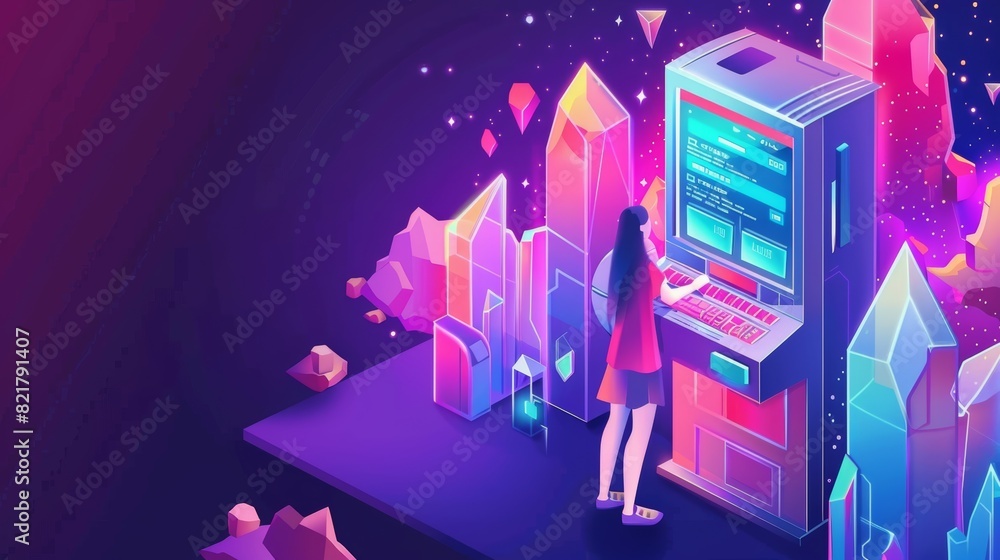 Poster a tiny woman presses the sign up button and enters her password to sign up for an internet account o