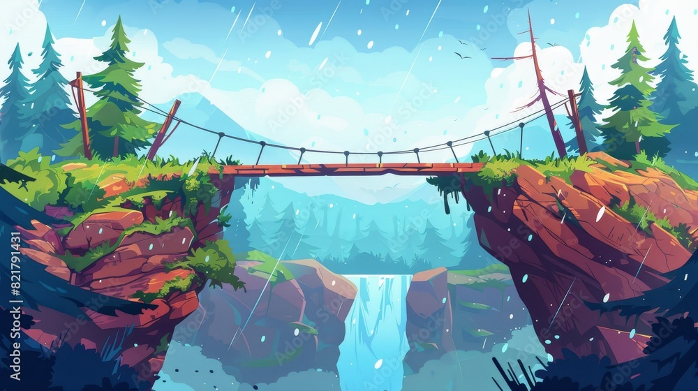 Aufkleber the bridge between two mountains in rainy weather is composed of logs. in the background there is a 