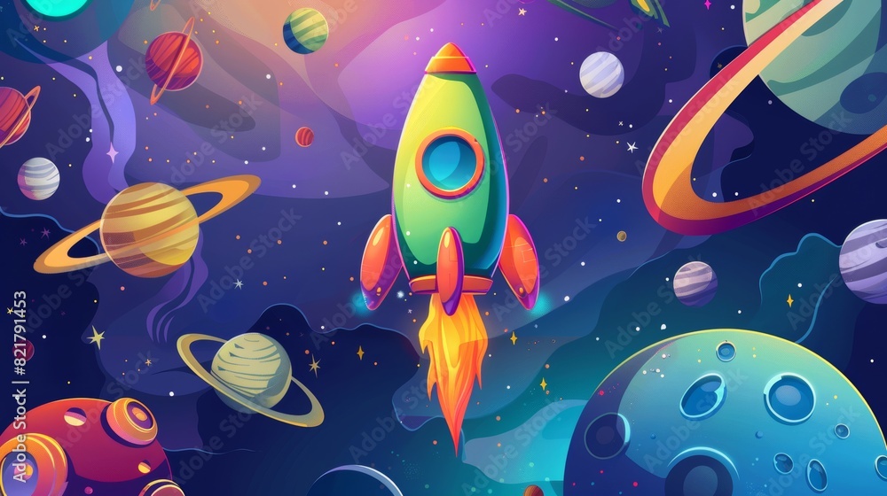 Poster a website featuring a spaceship, sphere, and pizza pattern. modern illustrations of outer space with