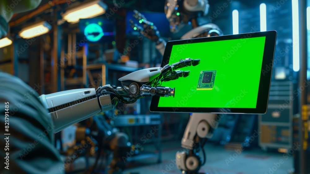 Poster engineer using tablet computer with green screen mockup screen running augmented reality. robotic ar