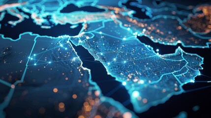 An abstract map of Saudi Arabia, Middle East, and North Africa highlights the concept of global network and connectivity. This visualization represents 