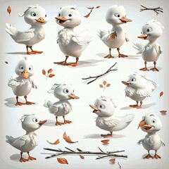 Little Cygnet Bird Cute character multiple posses and expression children's book illustration style