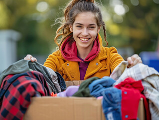 Women volunteer holding a box of cloth.