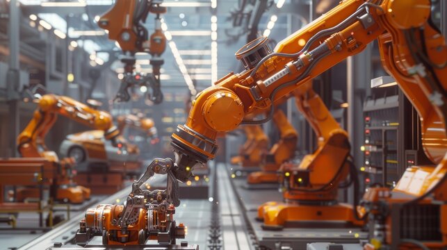 3D Render of a Car Factory: An automated robot arm assembly line manufacturing high-tech electric vehicles. Construction, Building, Welding Industrial Production Conveyor. Wide exposure, elevated.