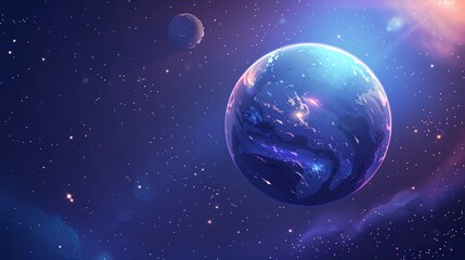 An Earth cartoon banner with a glowing sphere in outer space, perfect for websites with environmental themes, scientific research, eco conservation, or galaxy travel.