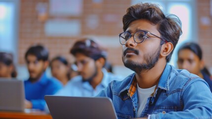 During class, young Indian students write down lectures on laptop computers as a tutor speaks....