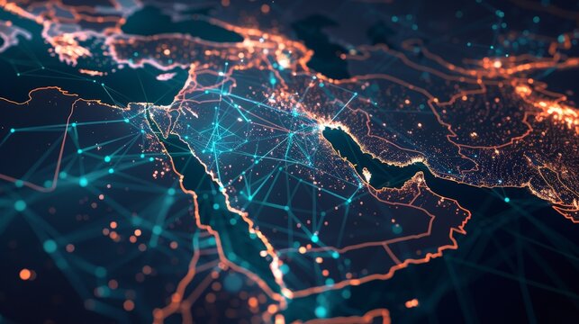 An abstract map of Saudi Arabia, Middle East, and North Africa highlights the concept of global network and connectivity. This visualization represents data transfer, cyber technology, and seamless 