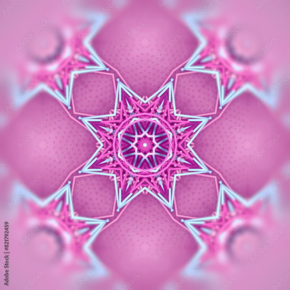 Poster complex kaleidoscopic pattern of pink and blue lines and sticks. 3d rendering digital illustration