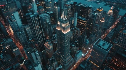 This aerial photo shows a famous Art Deco skyscraper at night. It shows the Empire State Building at night, New York City's business center from an aerial perspective.