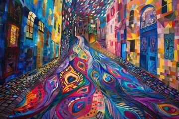 The image is an abstract painting of a city street