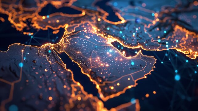 An abstract map of Saudi Arabia, Middle East, and North Africa highlights the concept of global network and connectivity. This visualization represents data transfer, cyber technology, and seamless 