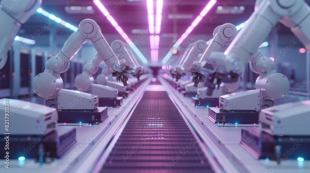 Poster a 3d rendering of a robotic conveyor line that manufactures industrial electronic devices. an advanc