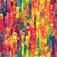 The image shows a colorful cityscape with tall buildings and skyscrapers. The colors are vibrant and saturated, and the overall effect is one of optimism and excitement.