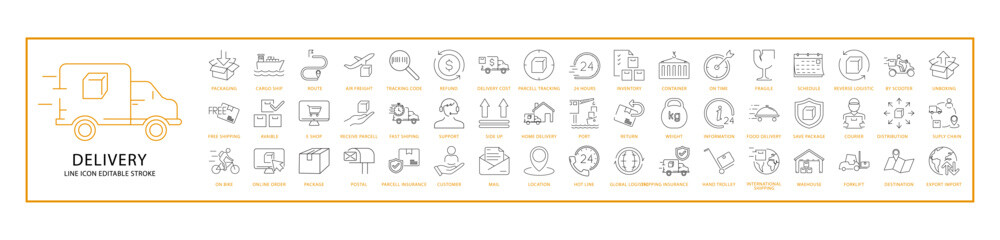 Delivery icons. Delivery Icon Set. Delivery line icons. Vector illustration. Editable Stroke.
