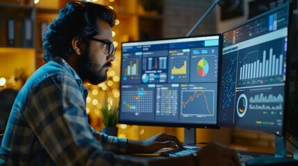 Using desktop computer with analytics software, Indian Male Game Designer working at a diverse office.